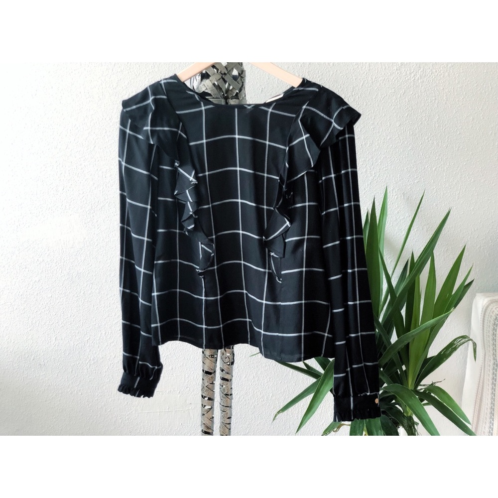 NWOT Black Plaid Ruffle Peplum Sleeve Blouse